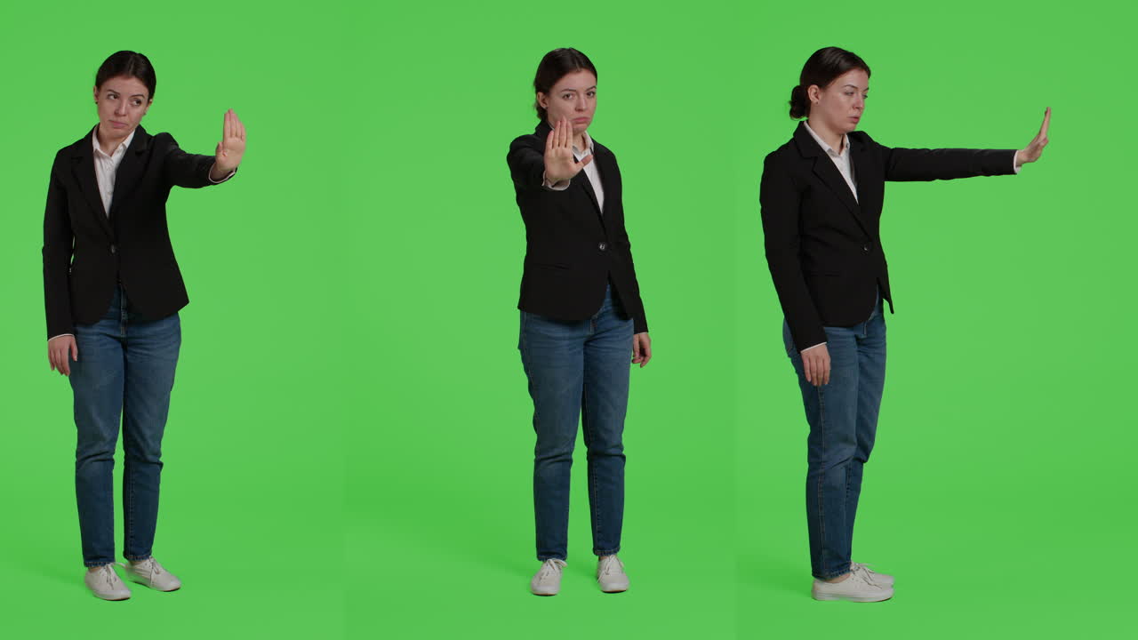 Businesswoman Making Stop Gesture on Green Screen