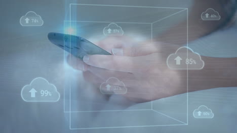 animación de flechas sobre números, flecha en nubes, manos recortadas de mujer caucásica usando teléfono celular