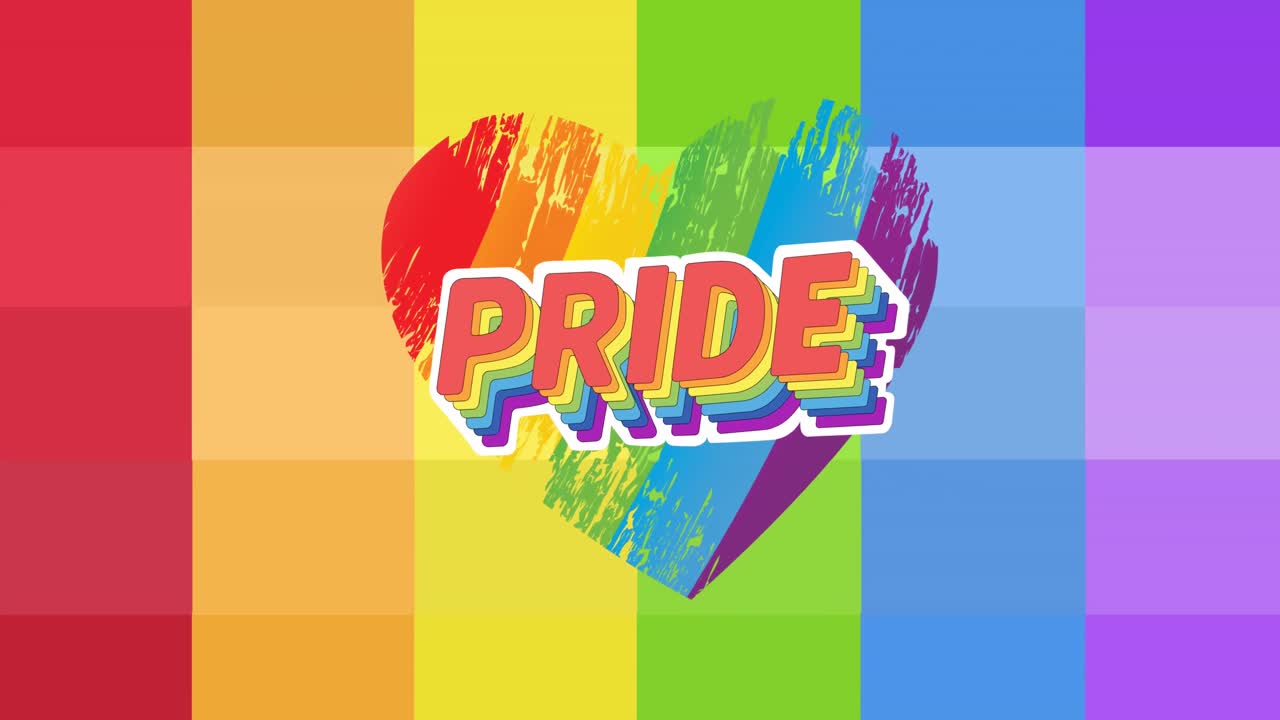 Animation of pride text over heart and rainbow stripes
