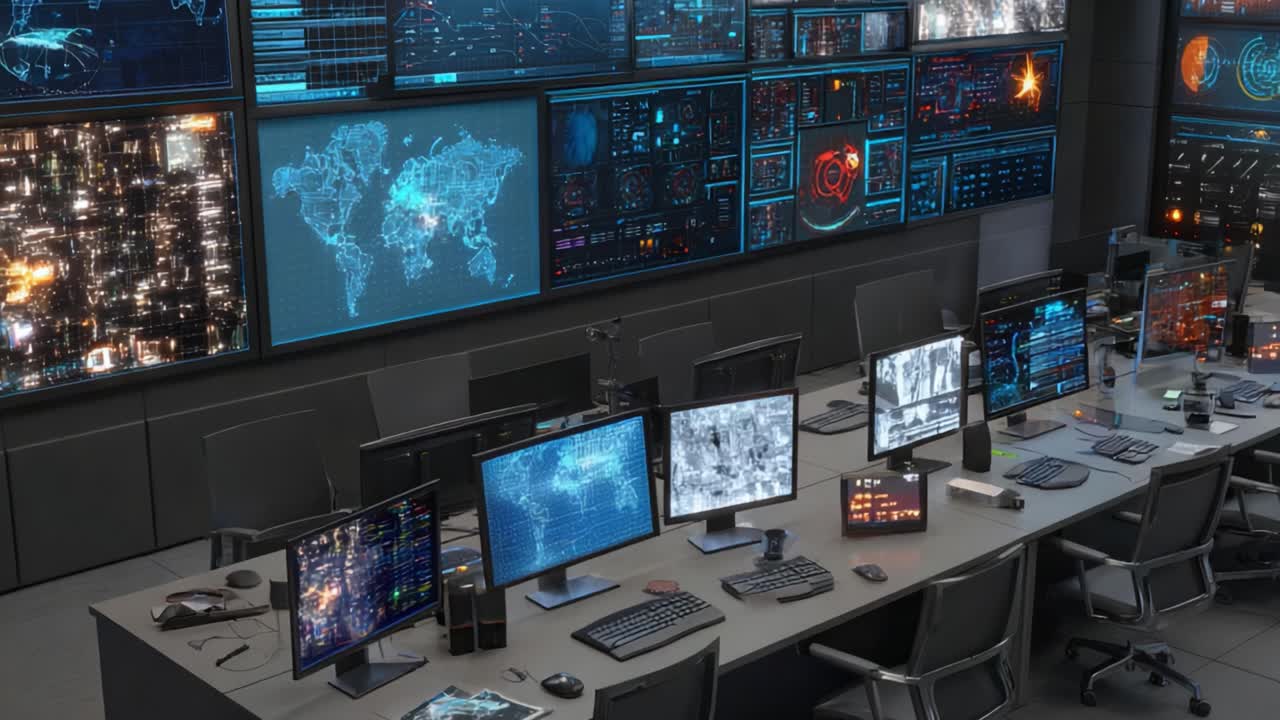 Sala di Controllo ad Alta Tecnologia con Monitor Multipli e Visualizzazione Dati Globali per Operazioni Avanzate di Sorveglianza e Analisi