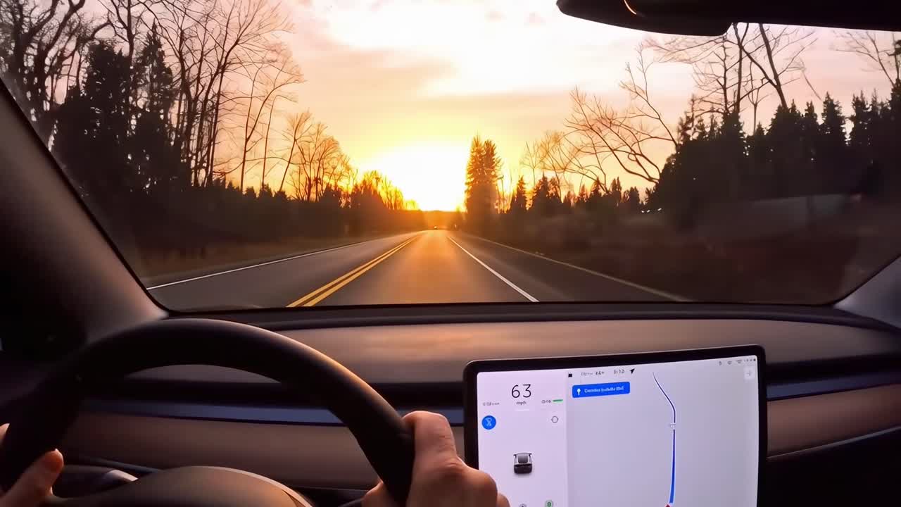Video POV di guida al tramonto su una strada forestale, che cattura un paesaggio sereno