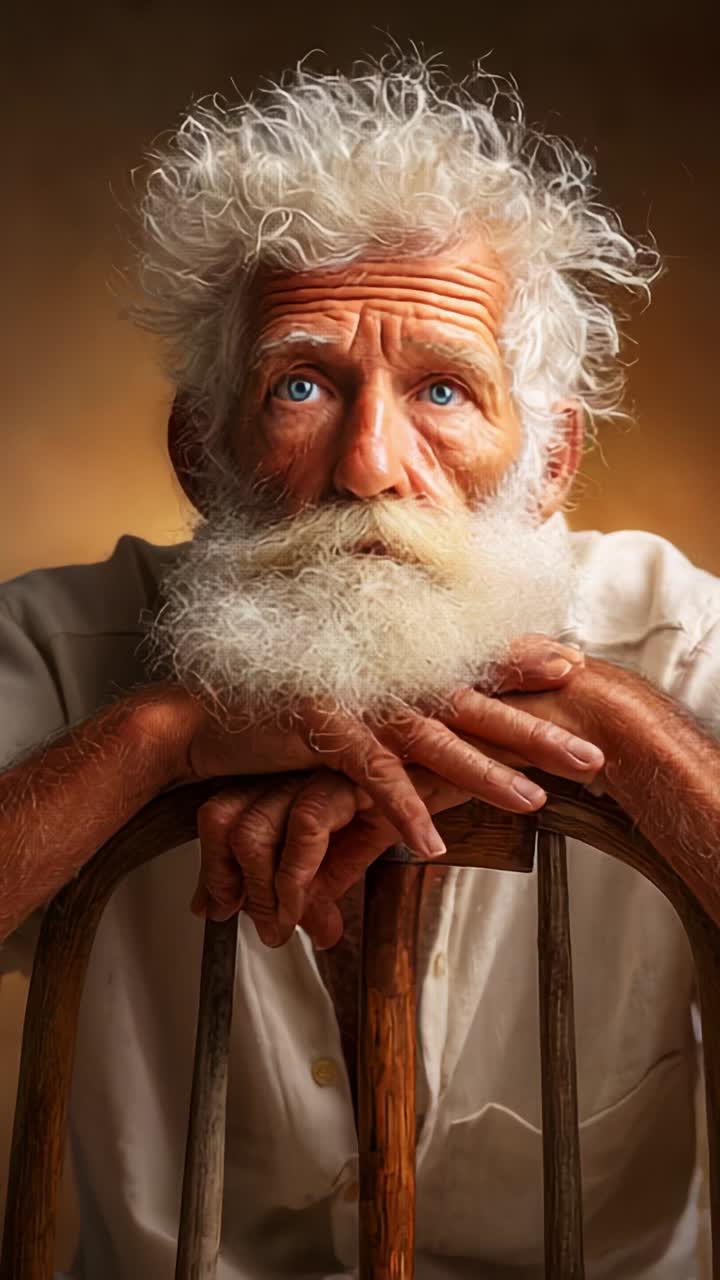 A Thoughtful Elderly Man with Unique Hair and Beard Posing Calmly on a Wooden Chair, Reflecting Depth and Wisdom in a Tranquil Setting