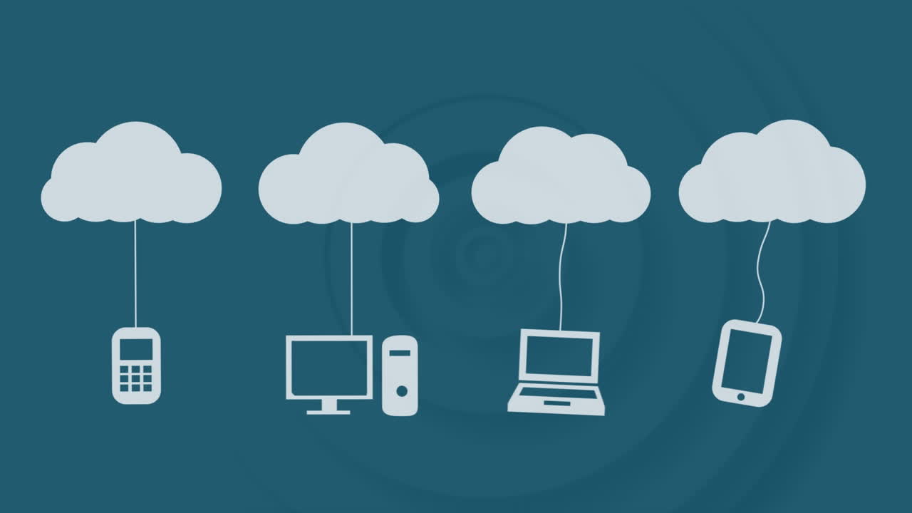 animación de múltiples iconos de tecnologías inalámbricas colgados en nubes contra un fondo azul