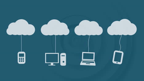 animation of multiple wireless technologies icons hanging on clouds against blue background