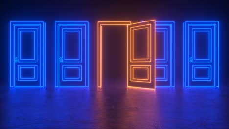 una fila de puertas cerradas de neón azul con líneas brillantes. la puerta central se abre, se vuelve naranja, luego se cierra. concepto de nuevas innovaciones, futuro y esperanza, nuevo comienzo o una victoria.