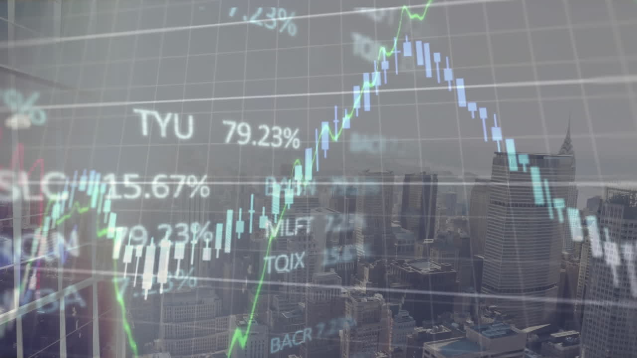 animación del procesamiento de datos financieros y bursátiles frente a una vista aérea del paisaje urbano