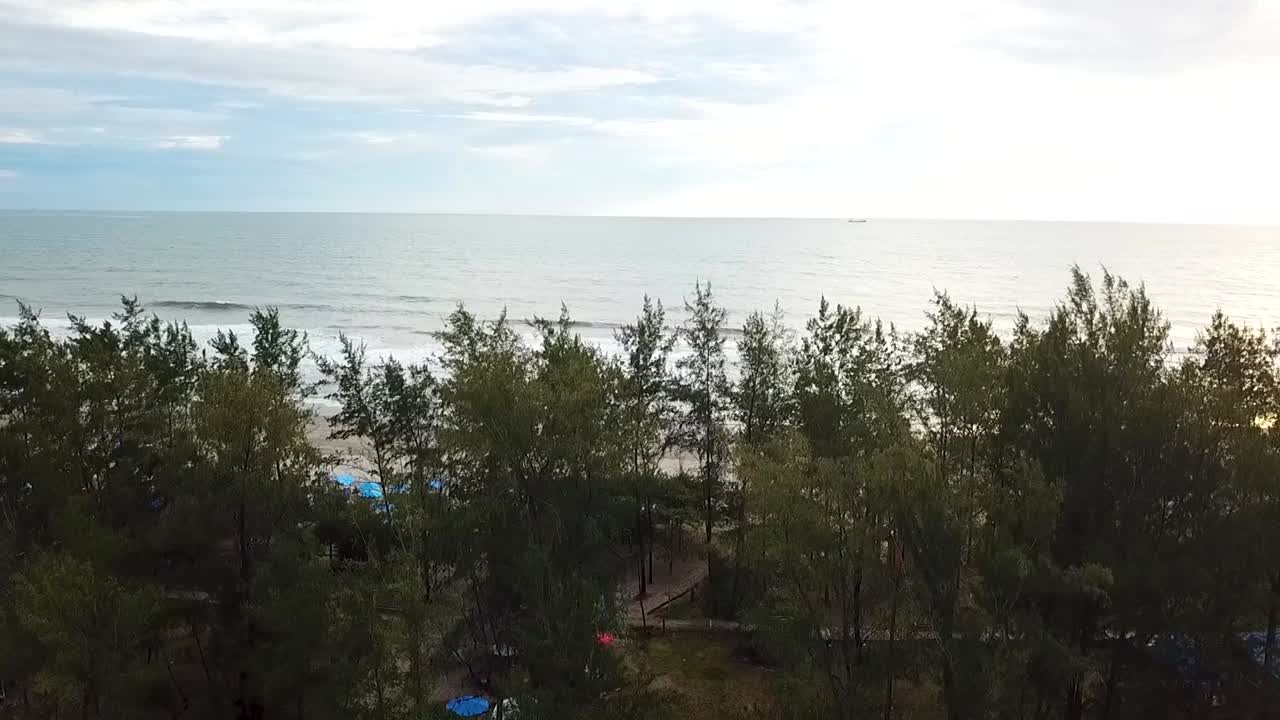 antena que se eleva desde los bosques costeros para revelar la playa de panjang en bengkulu, indonesia.
