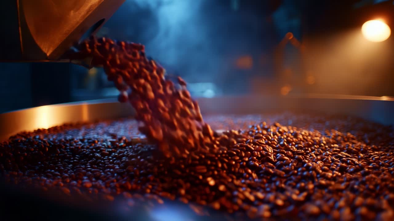 Capturing the Art of Coffee Bean Roasting with Aromatic Flavors and Rich Textures in a Stunning Cinematic Presentation of Coffee Preparation Process