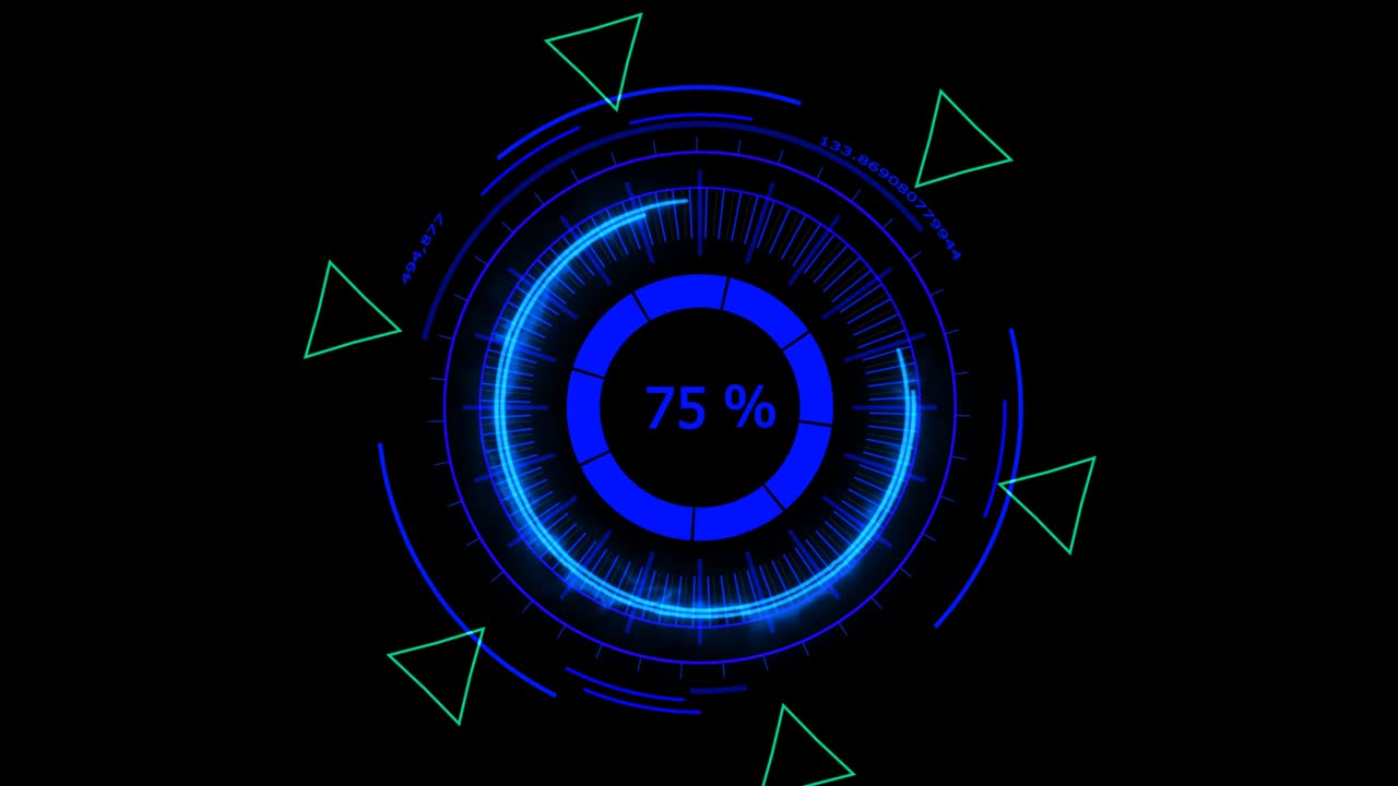 Digital meter blue full power energy and orange green glow triangle magic sign elements on black screen