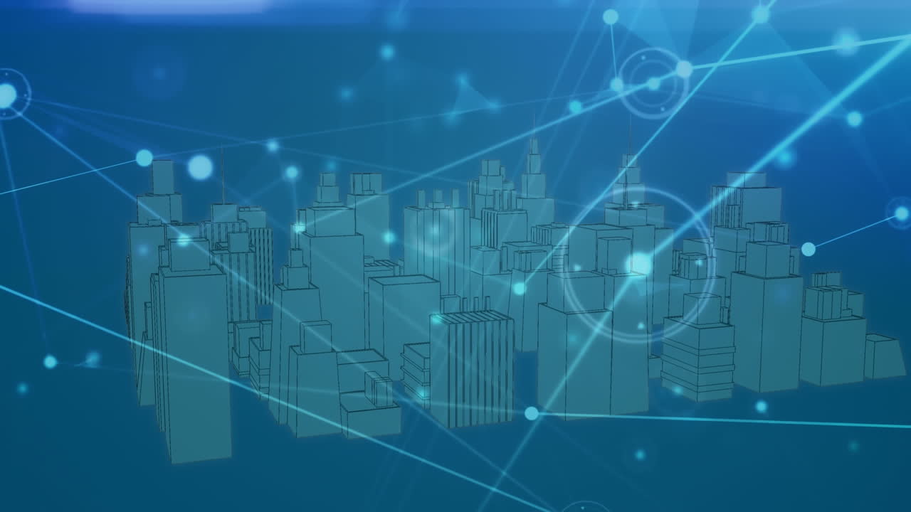 Animation of network of connections and data processing over city on blue background