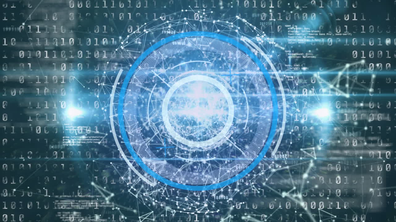 animación del alcance circular y la red de conexiones y codificación binaria en negro