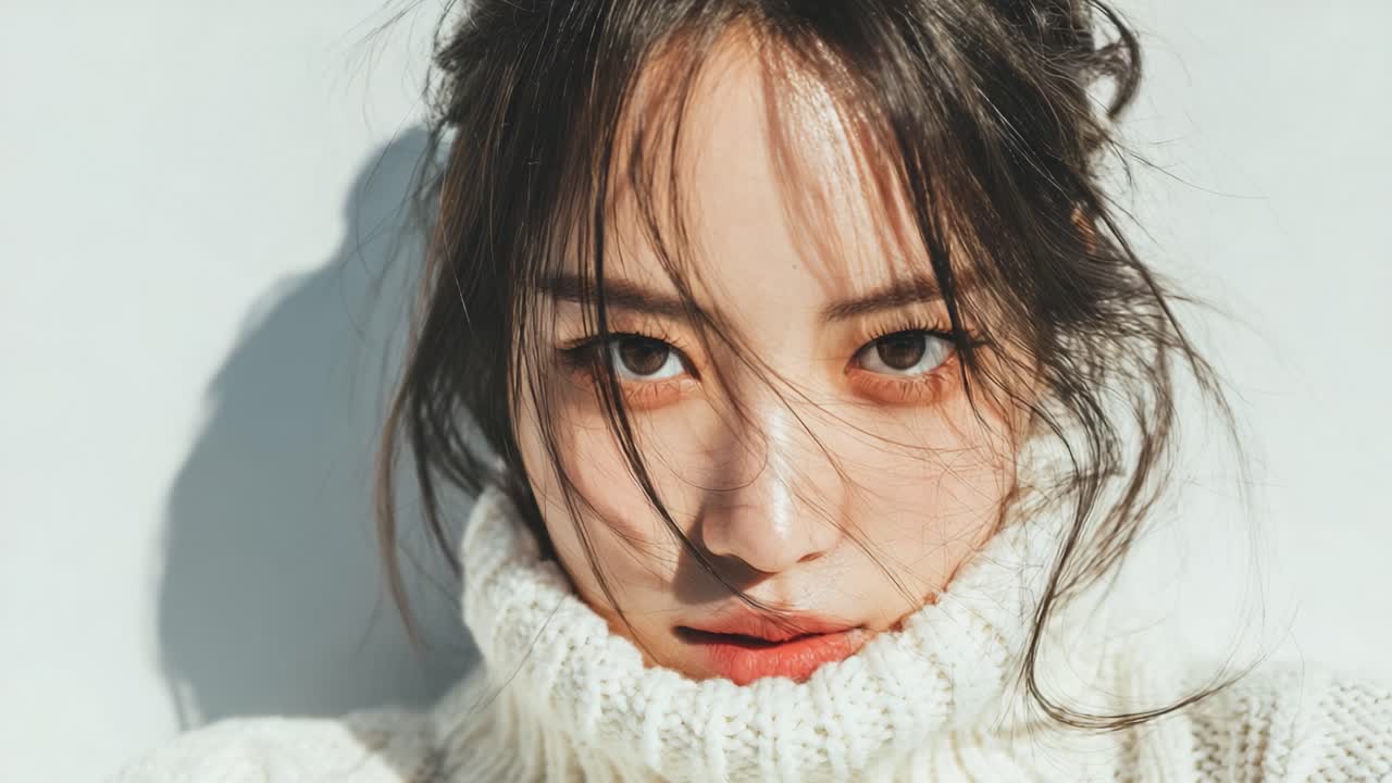 A Close-Up Portrait of a Young Woman with Soft Features and Long Hair, Wearing a Cozy White Sweater, Capturing Natural Beauty and Intense Emotion in Unique Expression