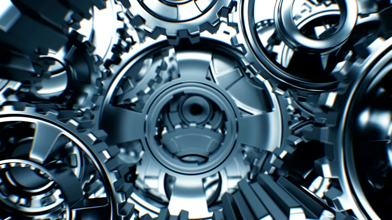 hermoso vuelo a través de los engranajes metálicos giratorios dentro del mecanismo sin costuras con borrón dof. animación en bucle 3d. proceso de trabajo abstracto. trabajo en equipo concepto de negocio y tecnología.