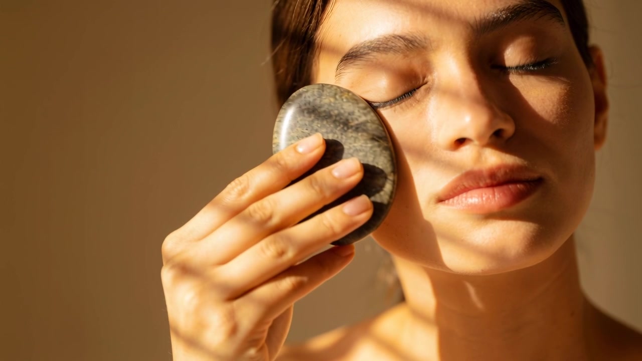 Starting with round stone on jaw, woman doing facial massage at home, bare-shouldered for skincare
