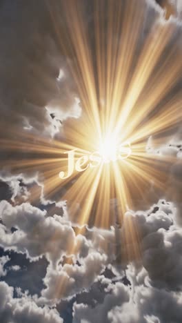 dramatic upward angle captures sunlight streaming through clouds, creating a heavenly effect