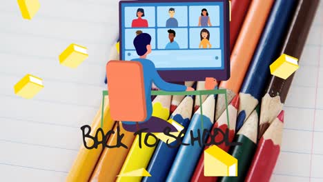 animación del texto de regreso a la escuela con un escolar usando una computadora sobre lápices de colores en un cuaderno