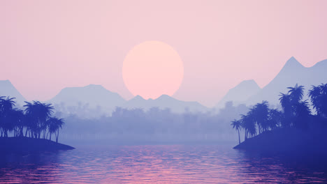 Sunset-over-a-beautiful-tropical-island.-Coastline-with-palms-and-mountains-on-the-horizon.-Colorful-wild-paradise-perfect-for-the-holiday.-Camera-tracks-in-moving-over-the-water-surface.