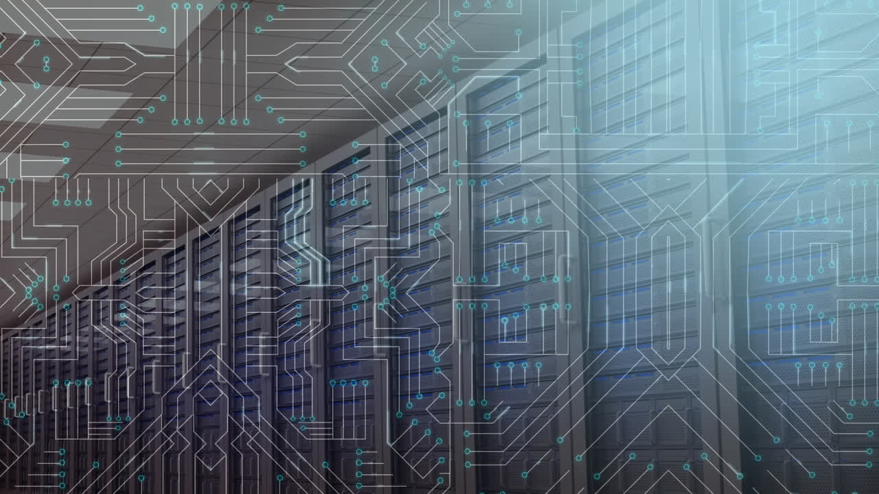 Mainframe computers and a glowing computer circuit board in foreground