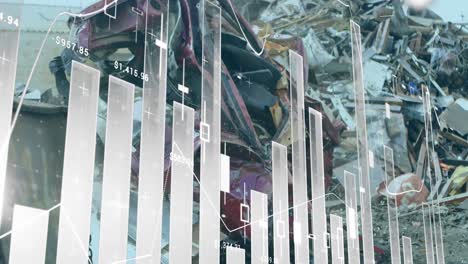 Animation-Mehrerer-Diagramme-über-Einem-Verschrotteten-Fahrzeug,-Das-In-Metallschrott-Aufgestapelt-Ist