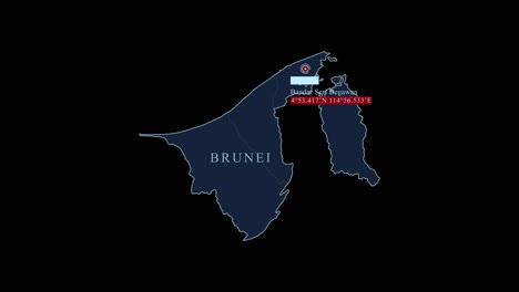 Blaue-Stilisierte-Brunei-Karte-Mit-Der-Hauptstadt-Bandar-Seri-Begawan-Und-Geografischen-Koordinaten-Auf-Schwarzem-Hintergrund