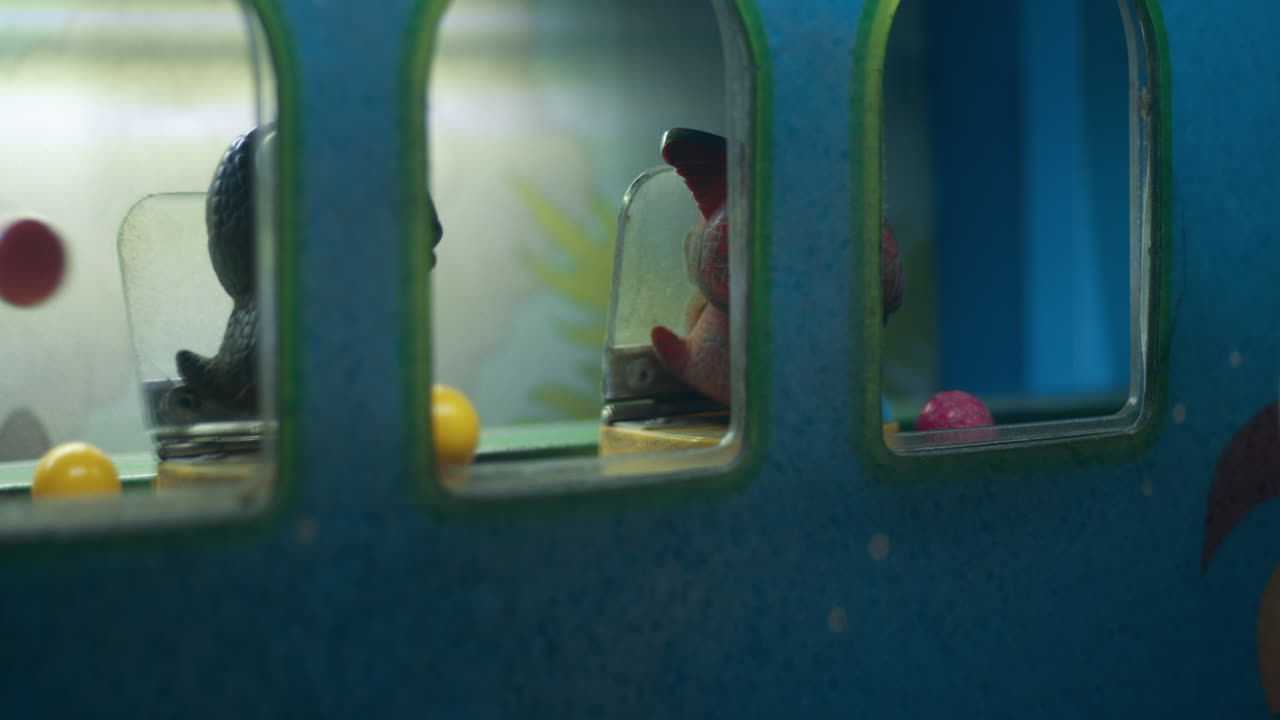 카니발 에서 작은 장난감 을 쓰러뜨리기 위한 다채로운 플라스틱 공 의 상세 한 정적