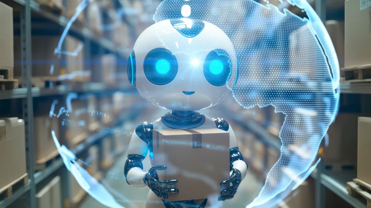 Robot parcels in warehouse. A small robot with blue glowing eyes carries a cardboard box through a modern warehouse filled with shelves.