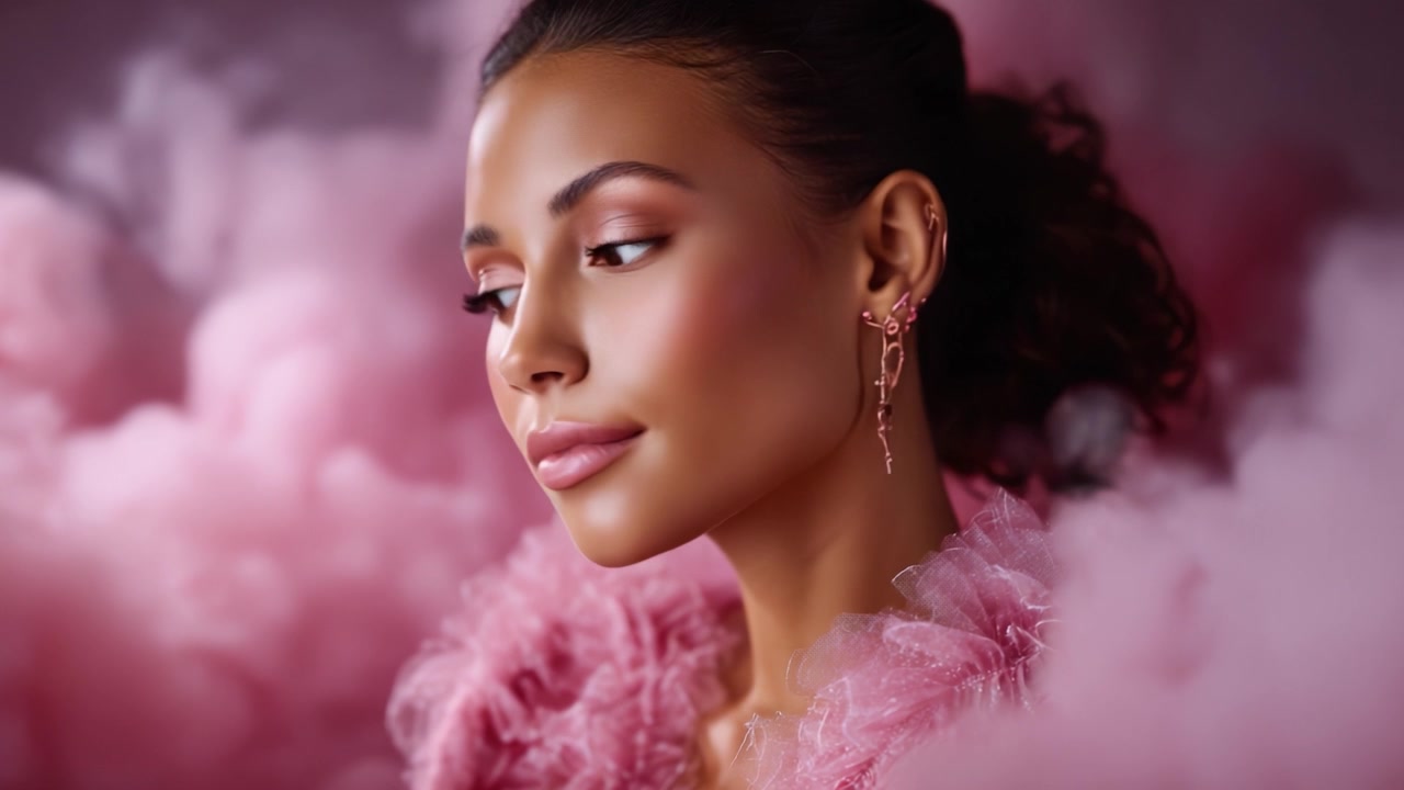 Un profil latéral époustouflant d'une belle femme ornée de boucles d'oreilles élégantes, encadré par des nuages roses oniriques, présentant un mélange envoûtant de beauté et de style