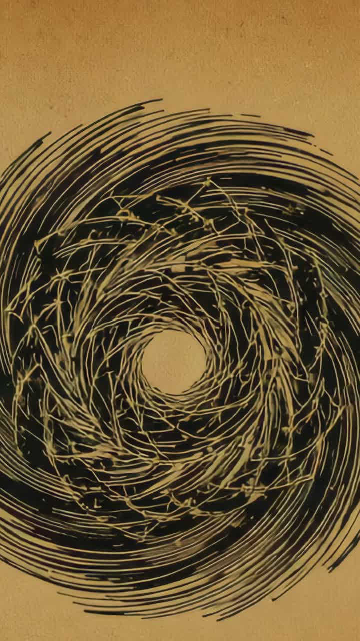 Vertical video: Spiral core expanding black gold strokes multiplying, forming whirl on beige canvas