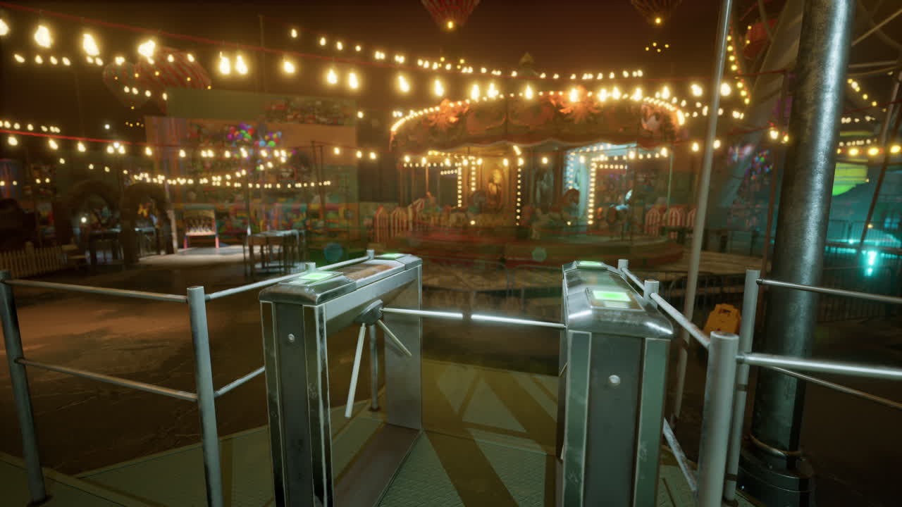 An empty amusement park at night with colorful lights and a carousel