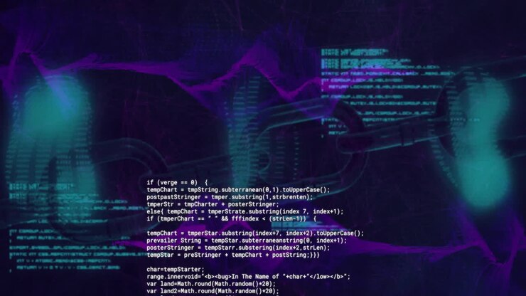 Animation of glitching text data processing over blue and purple network waves on dark background