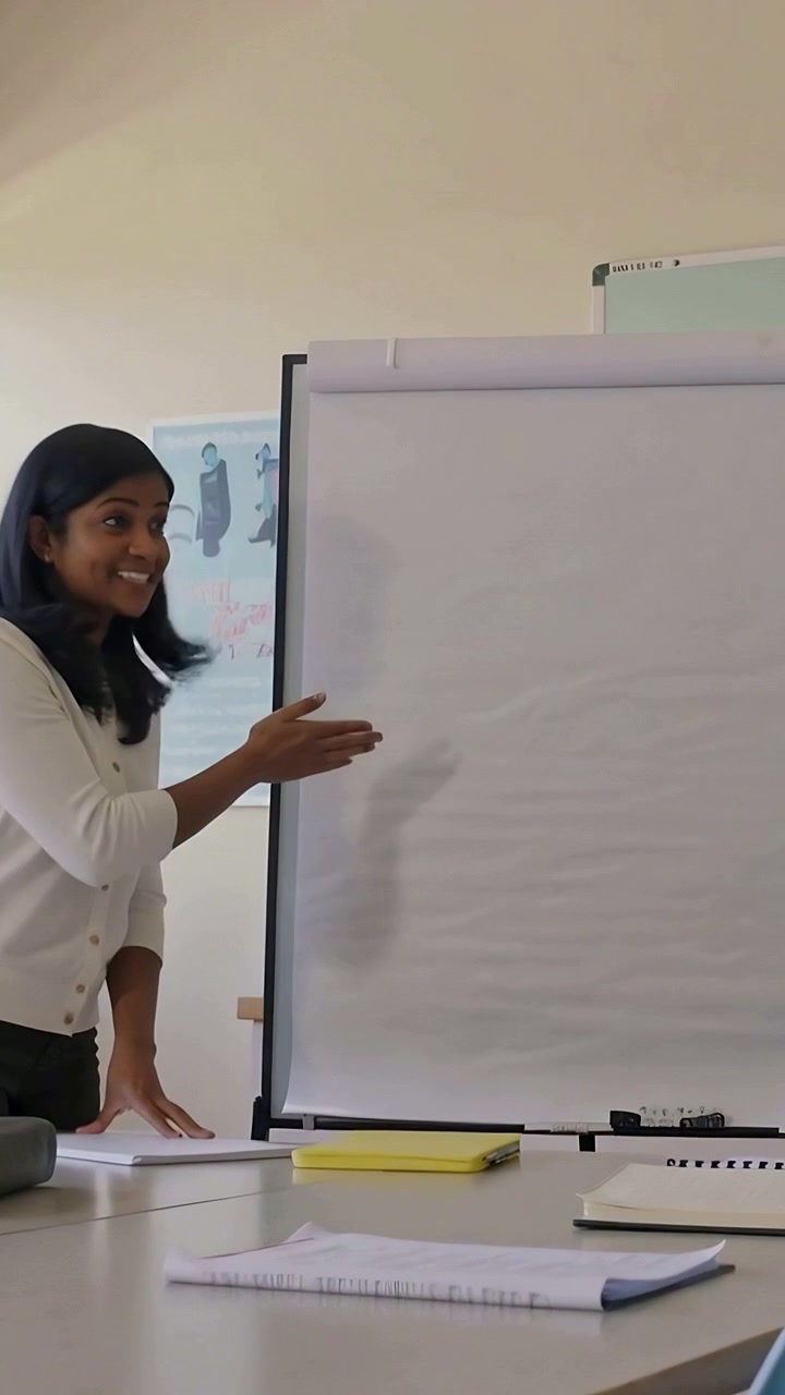 Vertical video: Starting, woman in white top pointing at blank flip pad during meeting, copy space