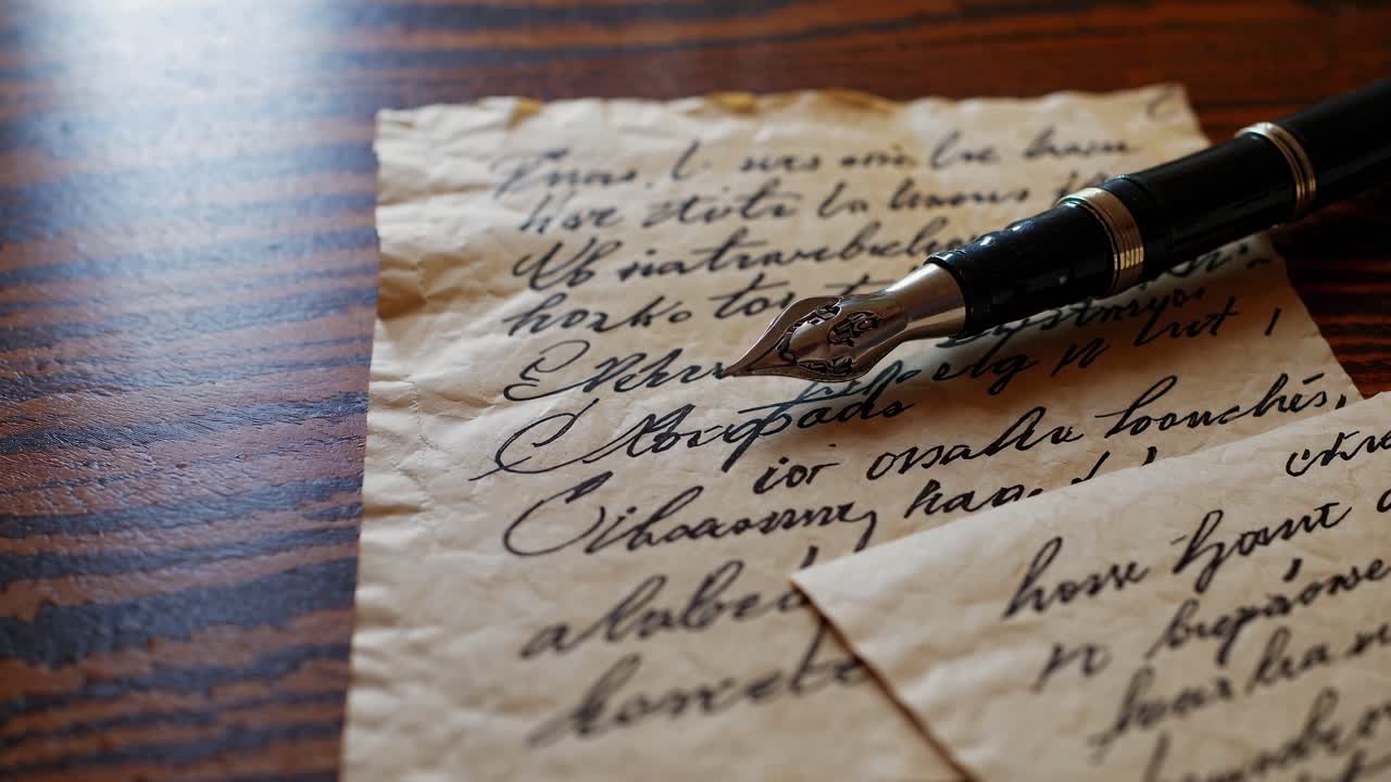 Close-up video shot of vintage handwritten letters on aged paper with a fountain pen