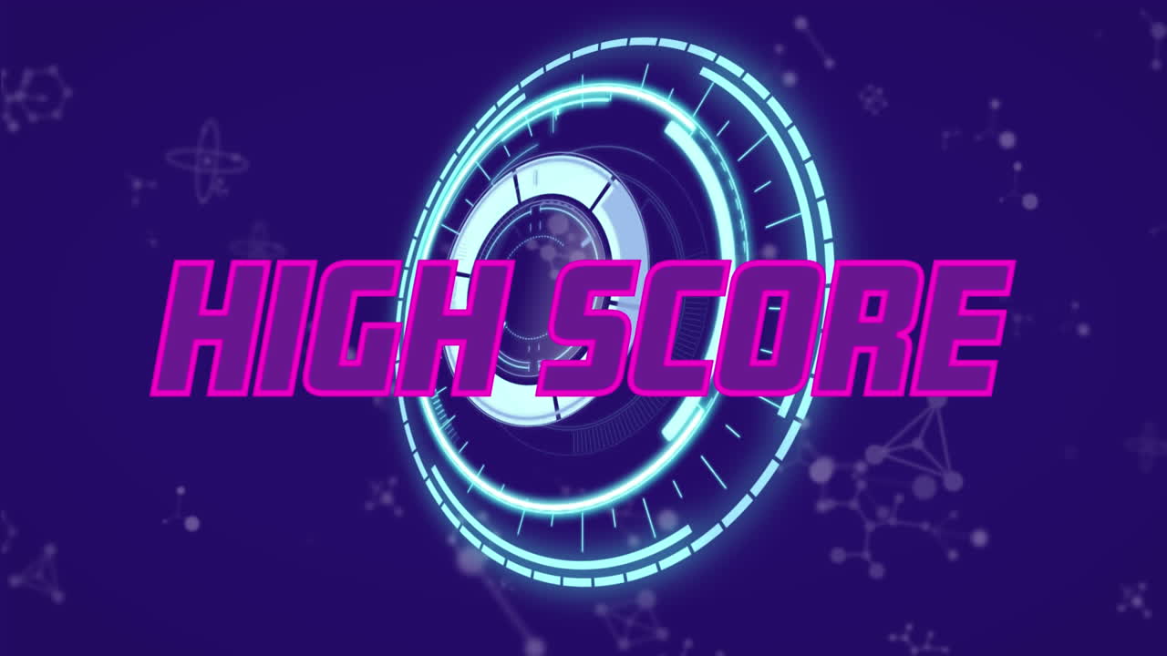 Animation of high score text banner over round scanner and molecular structures on blue background