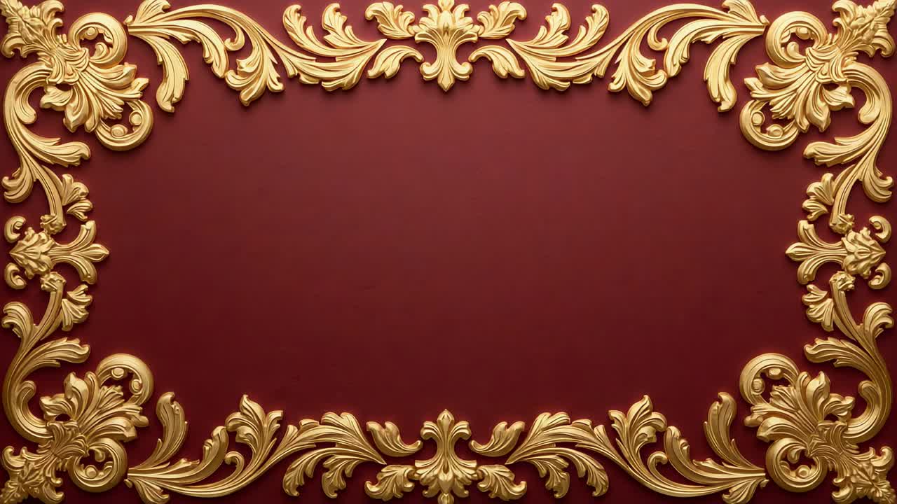 Glinting gold baroque frame reacting to light sweep, showing shifting highlights on maroon panel