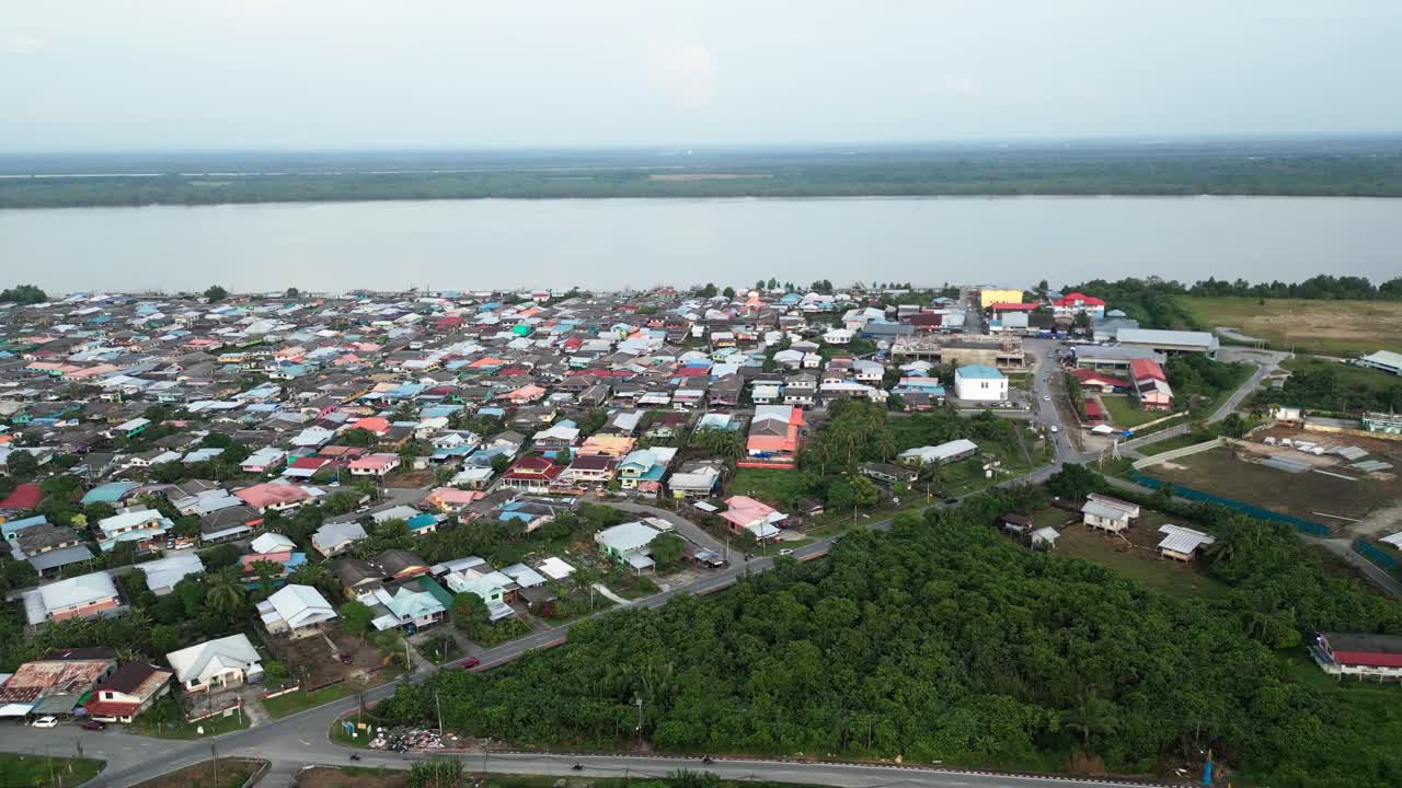 Aerial Drone View During Summer Kabong Fishing Village,With River And Beach,Sarawak,Borneo