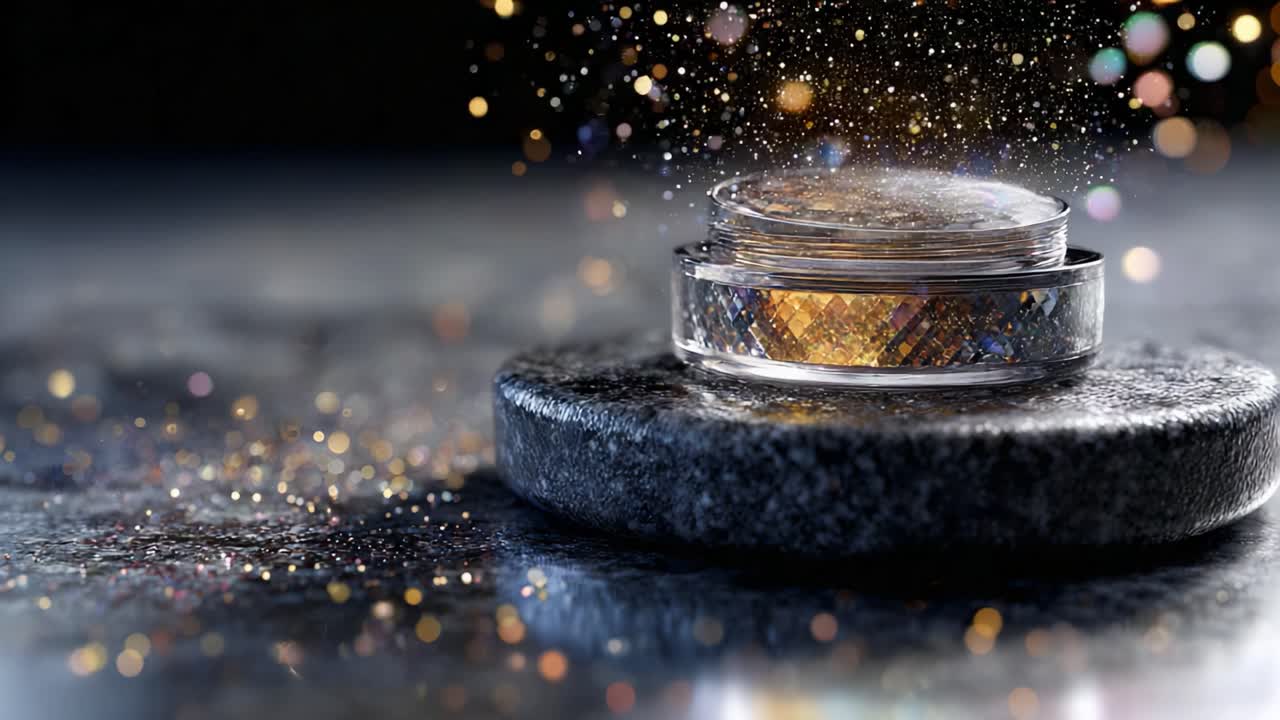 A Stunning Transformation of Glittering Cosmetics: From Sparkling Powder to Elegant Highlighting Discs with Brilliant Reflective Particles, Showcasing the Artistry of Beauty and Makeup Innovation