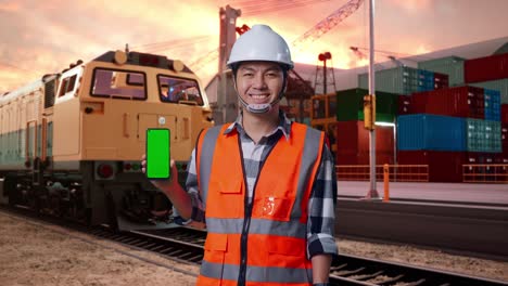 engineer with smartphone at port and train station