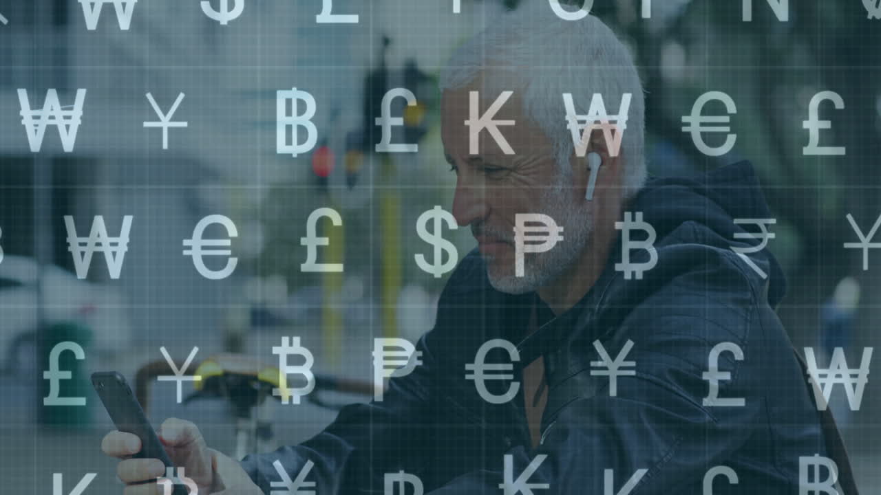 Using smartphone, elderly man viewing currency animation in urban environment