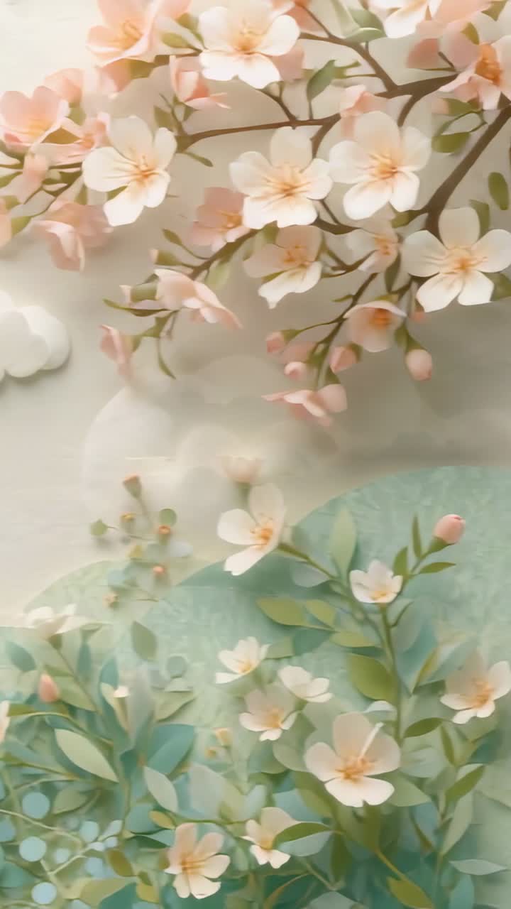 Vertical video: Panning up, papercut branch entering closeup over teal hills showing peach blooms
