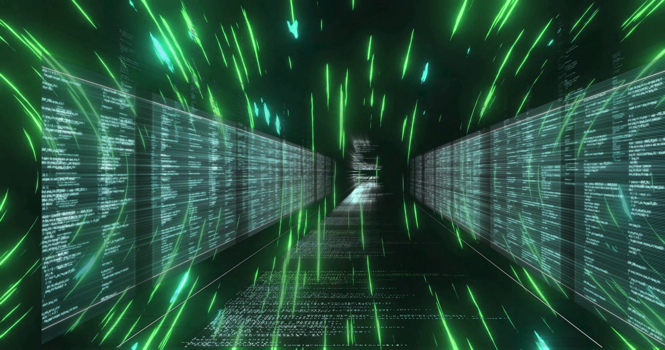 Neon-green streaks appearing along code panels and moving inward illustrating data transfer tunnel