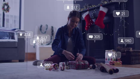 animación de iconos de los medios sobre la mujer caucásica empacando regalos