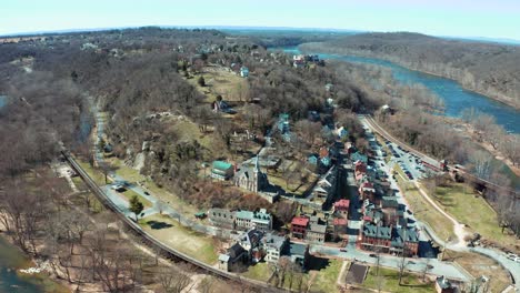 Aerial-over-the-Harpers-Ferry-National-Historical-Park-and-Shenandoah-River-in-Jefferson-County,-West-Virginia,-USA