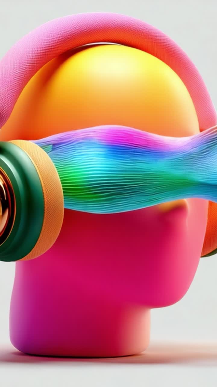 Vibrant Audio Waves: Abstract 3D Headphones and Colorful Sound Visualization Emanating from a Stylized Human Head in a Contemporary Art Design