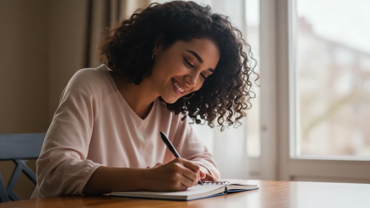 A Young Woman Engaged in Writing at a Bright, Cozy Desk Near a Window, Expressing Creativity Through Words and Capturing Thoughts in a Notebook