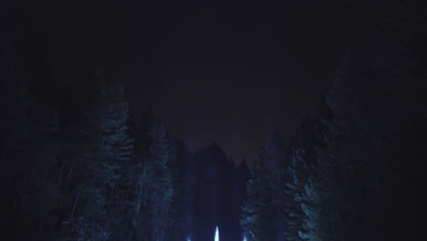 wide shot of a blue lit fountain on lake surrounded by forest, tilt up, night