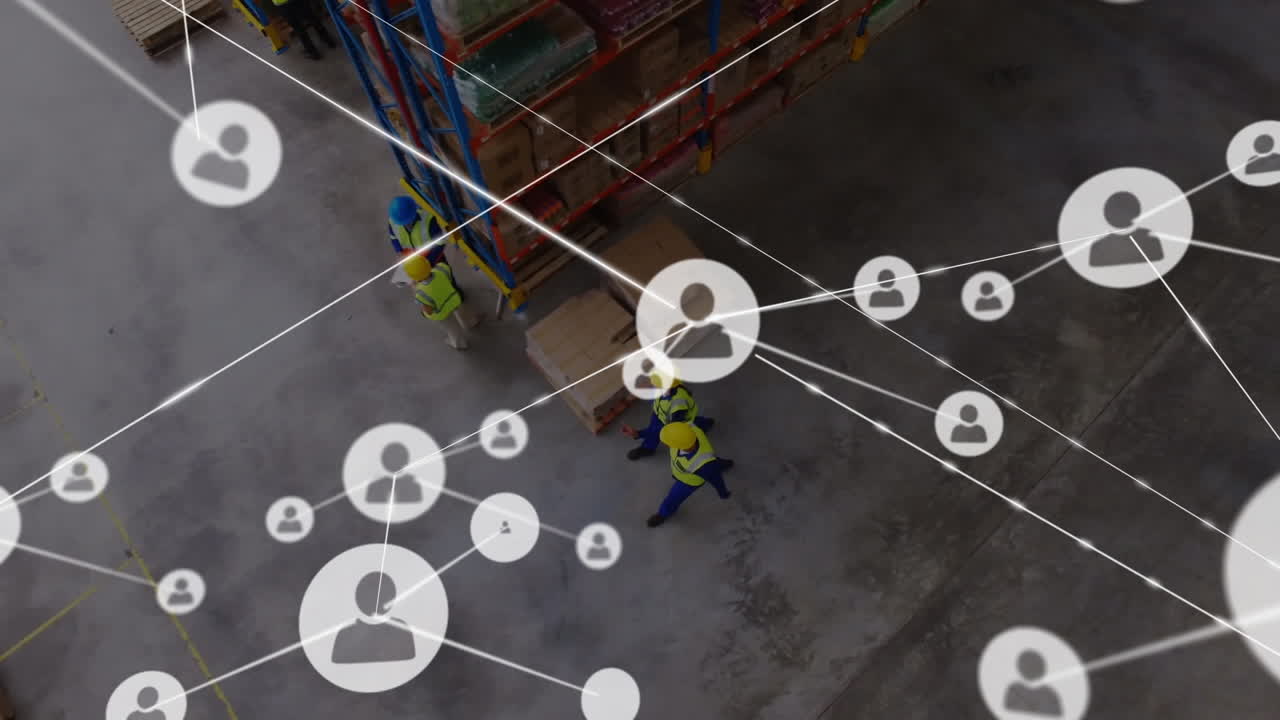 Animazione di una rete di connessioni con icone su uomini che lavorano in un magazzino