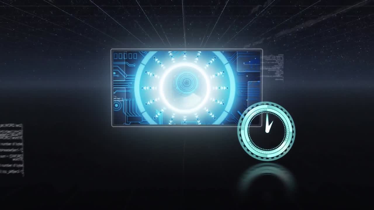 네온 디지털 시계가 둥근 스캐너와 파란색 배경의 데이터 처리에 맞춰 틱하고 있습니다.