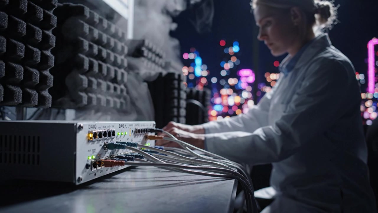 A technician interacts with an advanced network device emitting steam against a brightly lit urban skyline, showcasing cutting-edge technology in a vibrant environment.