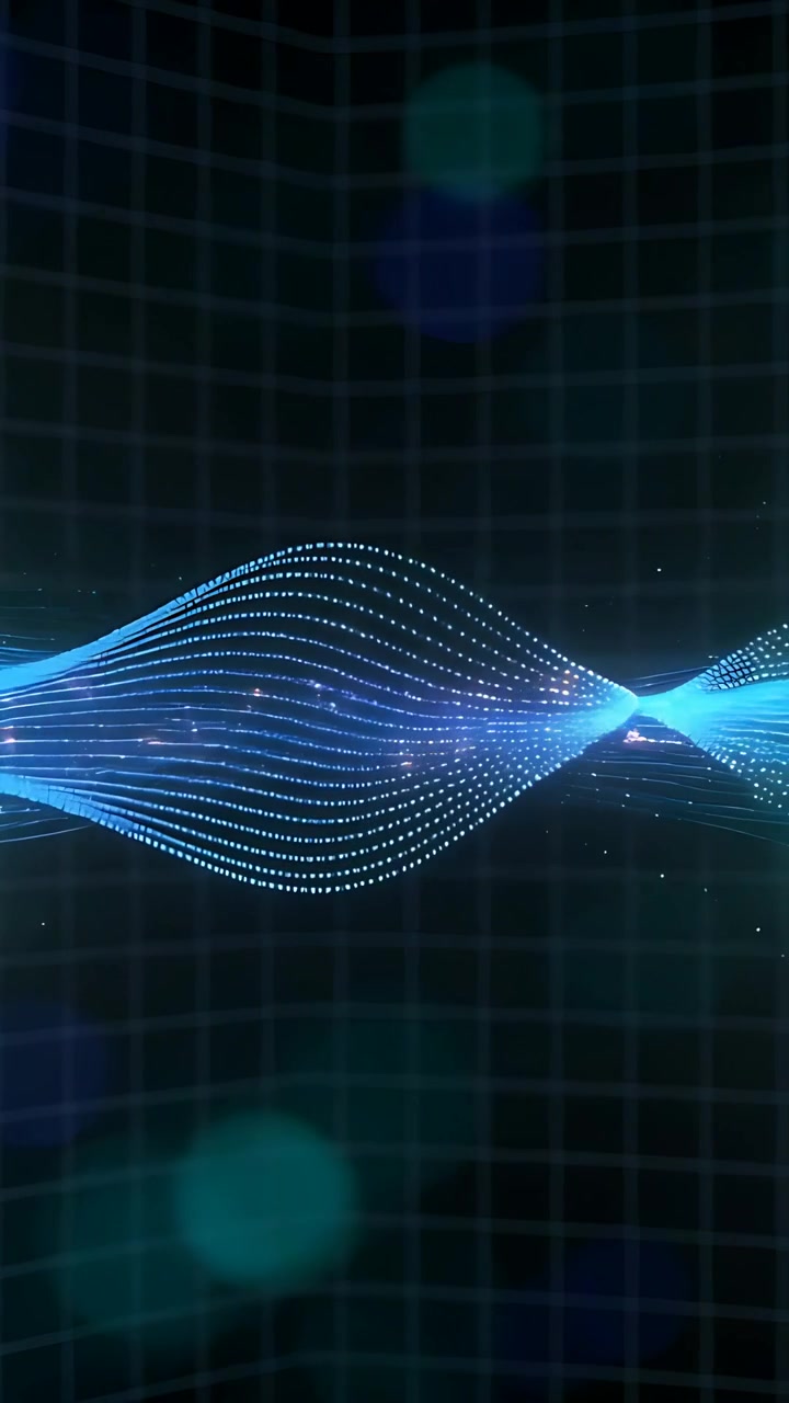Vertical video: Meeting strands, blue dotted waveform narrowing swelling in 3D grid with particles