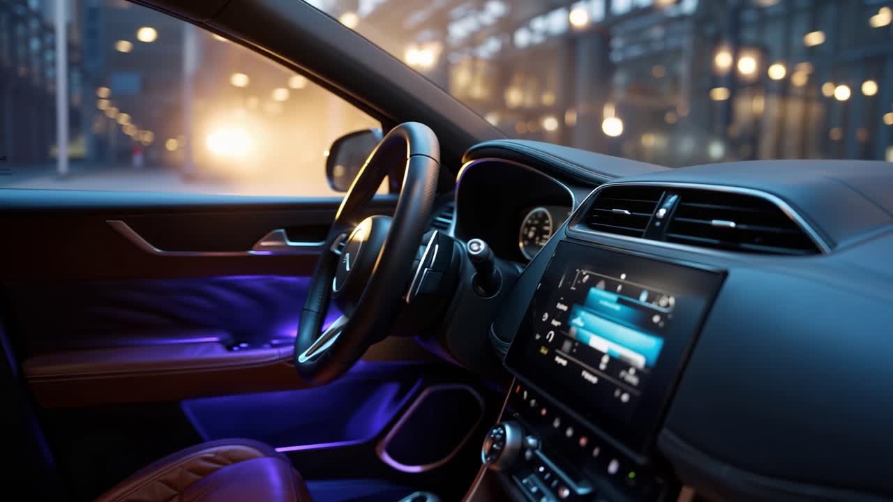 Interno di auto di lusso immerso in un bagliore caldo e ambientale. Sedili in pelle brillano sotto una luce soffusa. Volante e cruscotto rivelano un design moderno. Accenti viola evidenziano controlli eleganti e high-tech.